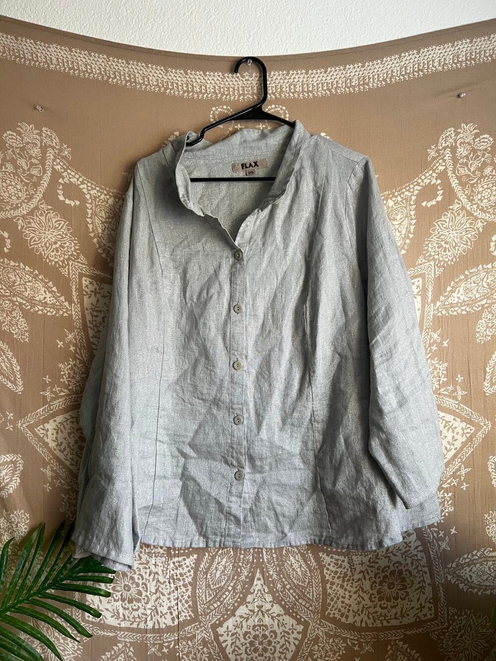 FLAX Gray Linen Band Collar Button Front Shirt Size G